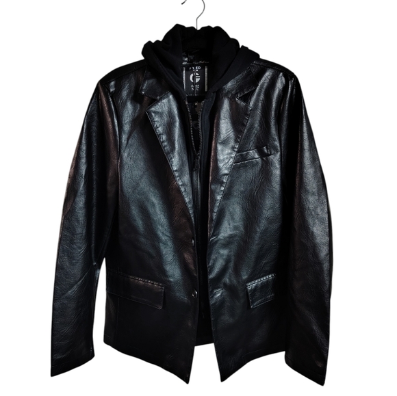 Fried Denim Other - Fried Denim NYC Men's Black Faux Leather Jacket w Removable Jersey Knit Hood M